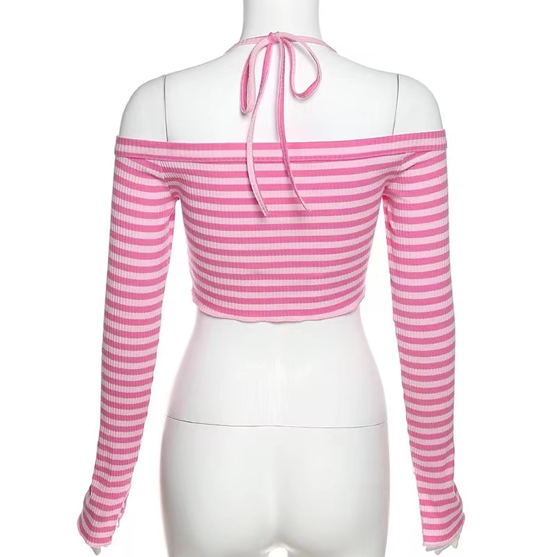 Flat shoulder pink tops slim sweetheart T-shirt for women