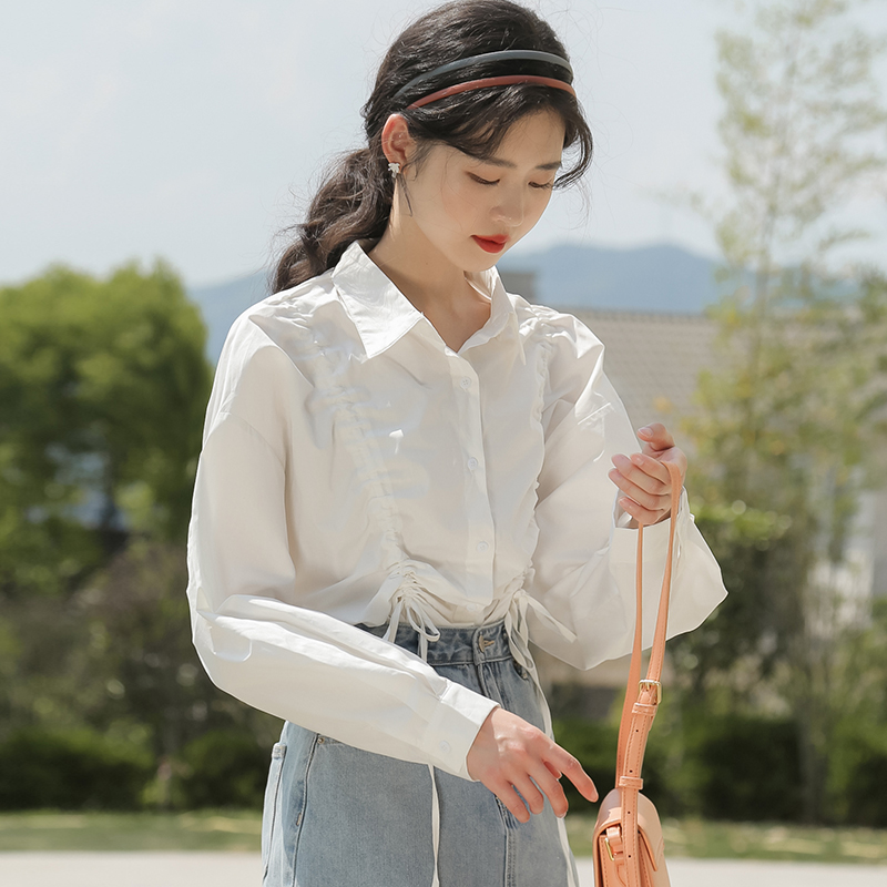 Lapel autumn Korean style drawstring white shirt