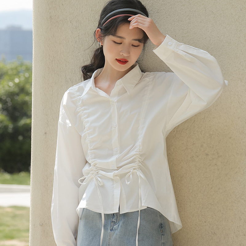Lapel autumn Korean style drawstring white shirt