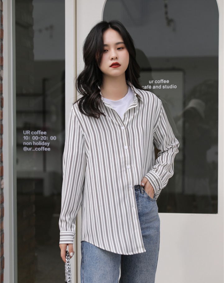 Lapel loose autumn stripe long sleeve shirt for women