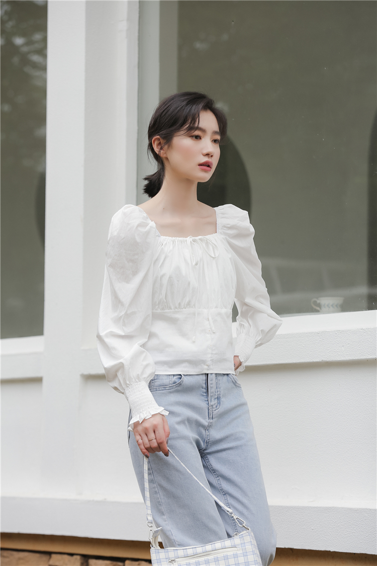 Autumn square collar white pinched waist shirt for women
