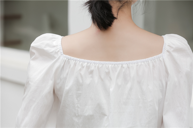 Autumn square collar white pinched waist shirt for women