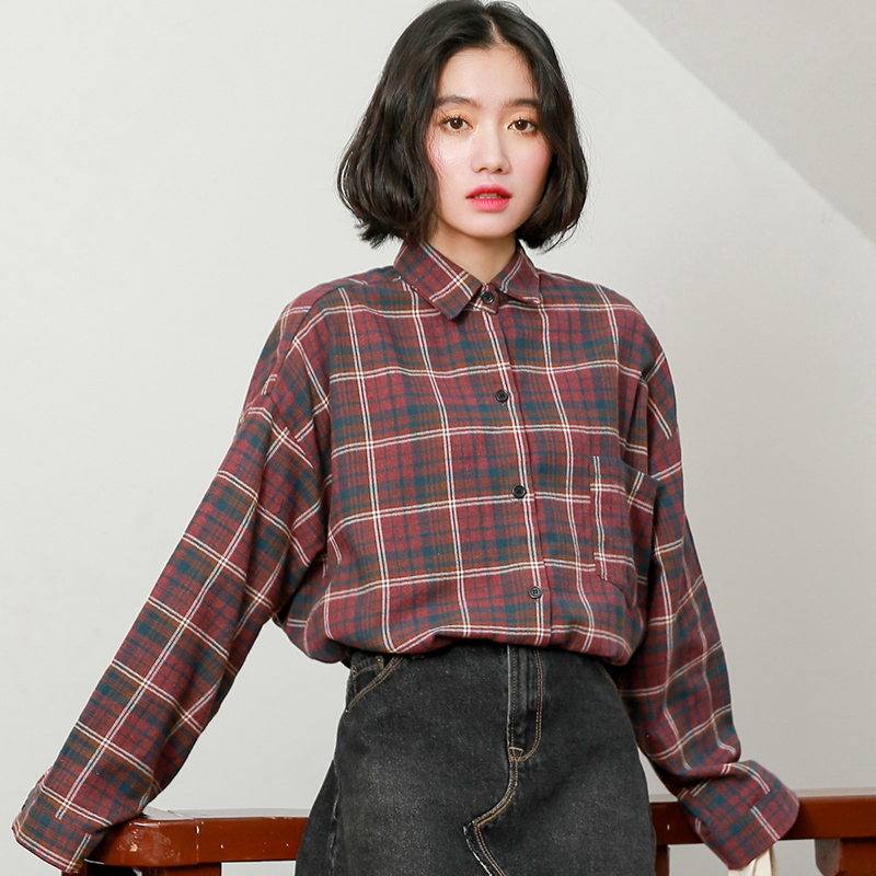 Retro loose autumn coat Korean style plaid shirt