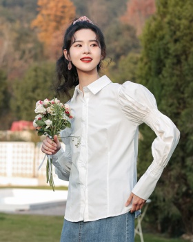 White simple autumn long sleeve lantern sleeve shirt