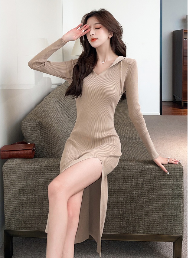 Hooded split slim knitted autumn and winter dress
