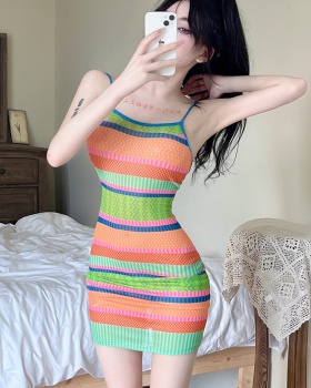 Package hip very thin tight stripe colors sexy dress