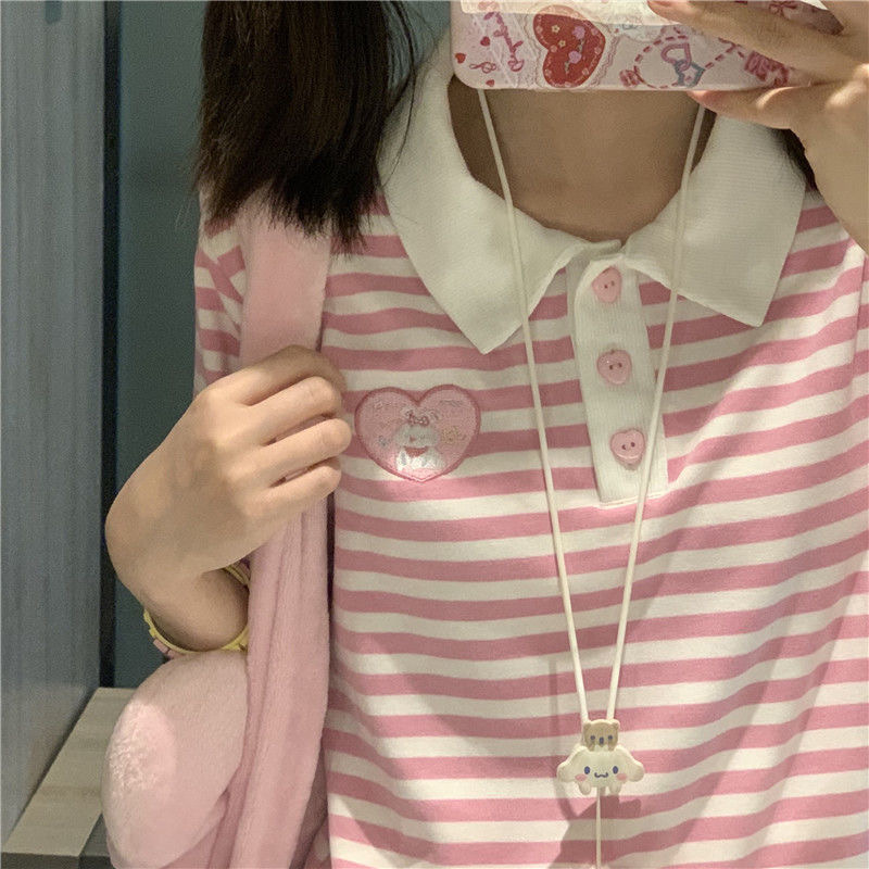 Short sleeve pure cotton pink-white maiden stripe T-shirt