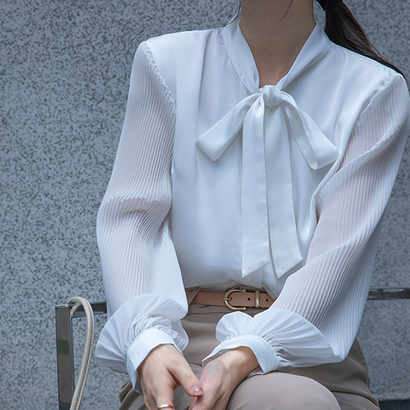 White autumn bow shirt chiffon streamer tops for women