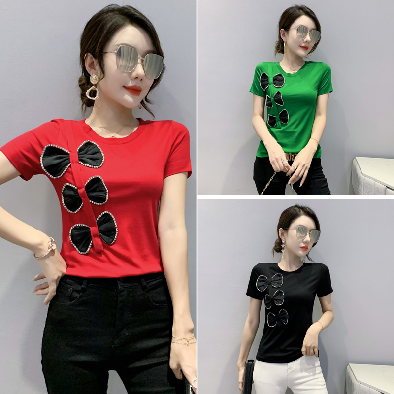 Rhinestone short sleeve bow mixed colors T-shirt for women