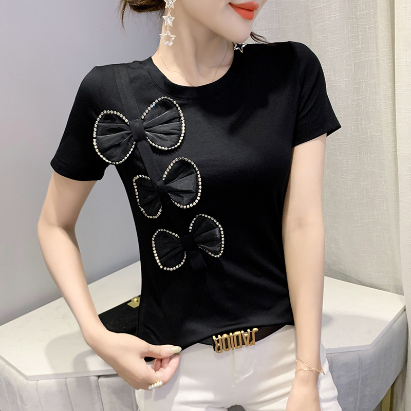 Rhinestone short sleeve bow mixed colors T-shirt for women