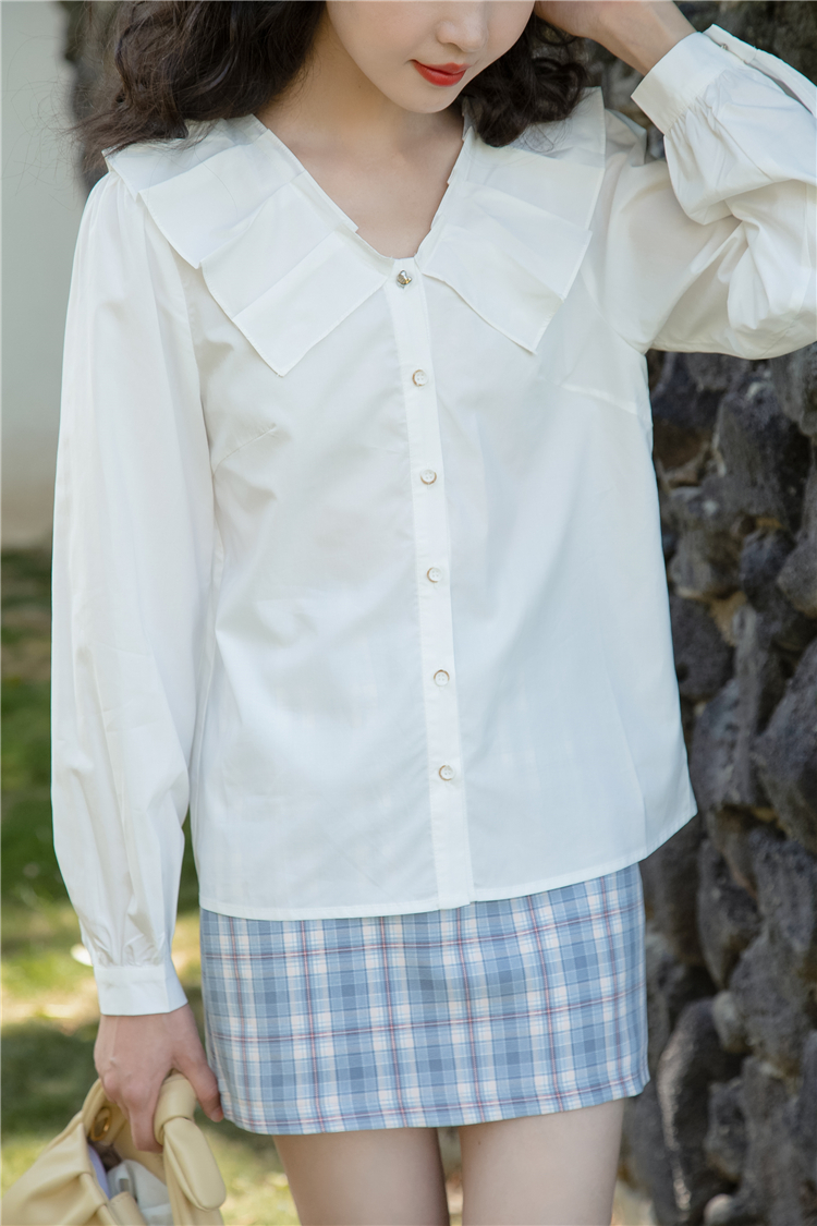 Autumn white chiffon doll collar fold collar shirt