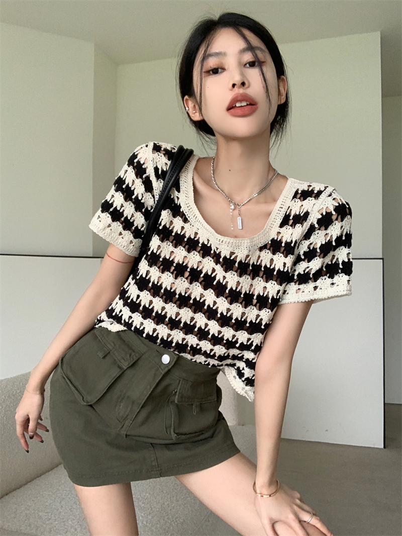Summer hollow stripe sweater short knitted tops