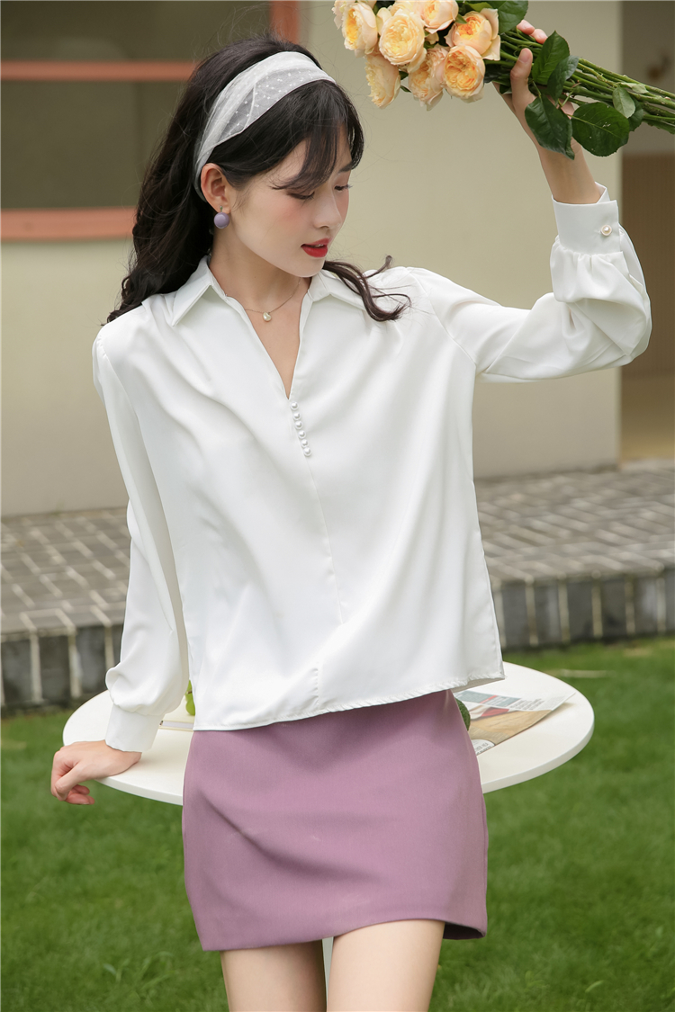 White chiffon autumn shirt V-neck long sleeve tops