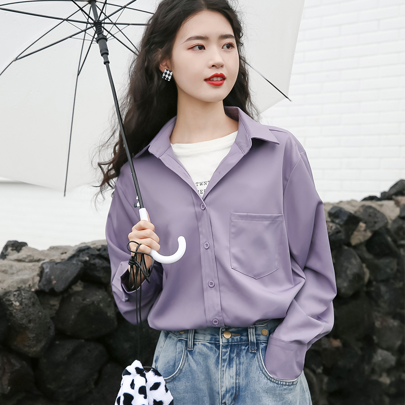 Purple color long sleeve pocket autumn shirt