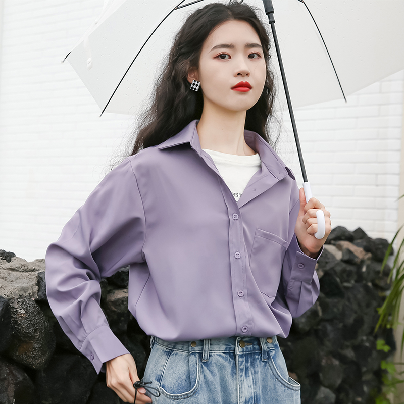 Purple color long sleeve pocket autumn shirt