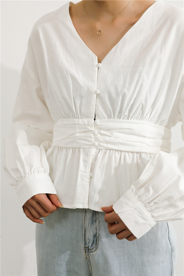 France style autumn pinched waist V-neck shirt
