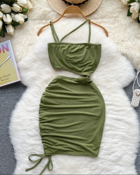 Drawstring slim T-back package hip dress for women