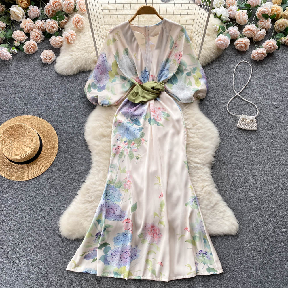 Sexy V-neck dress printing mermaid long dress for women