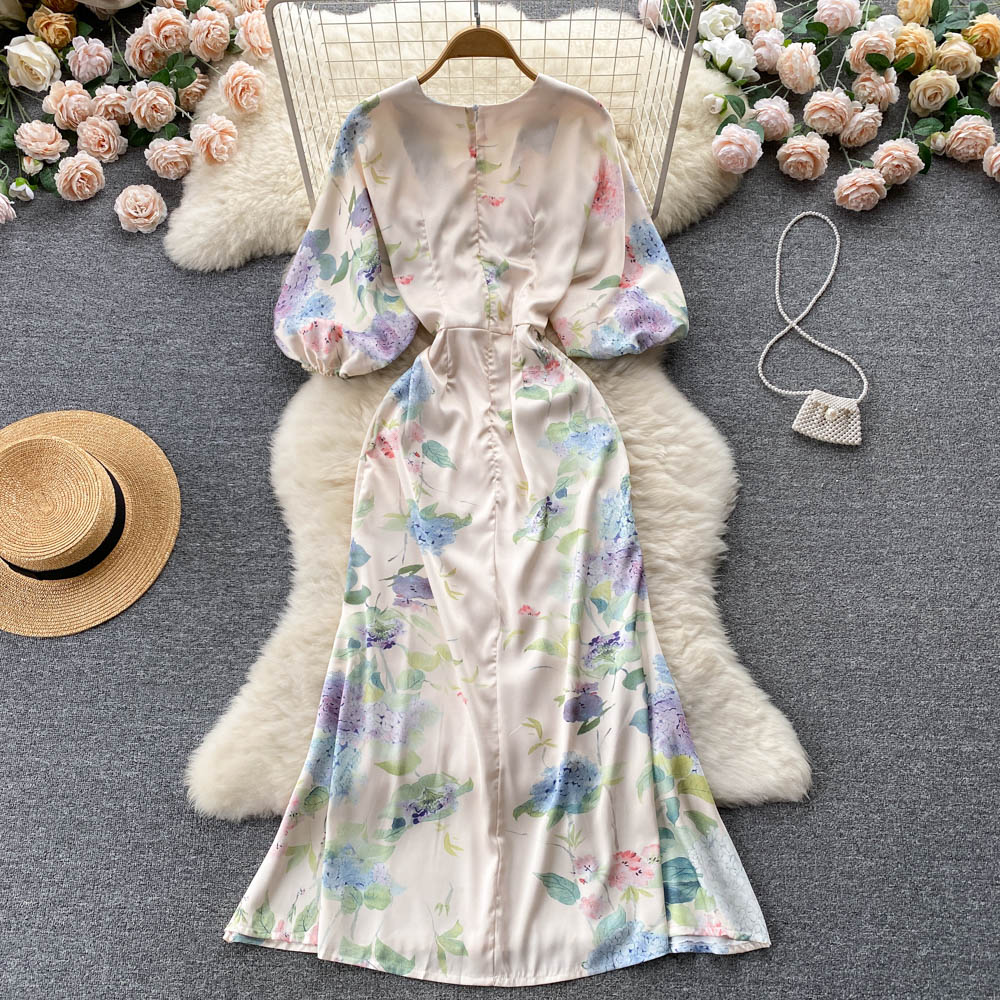 Sexy V-neck dress printing mermaid long dress for women