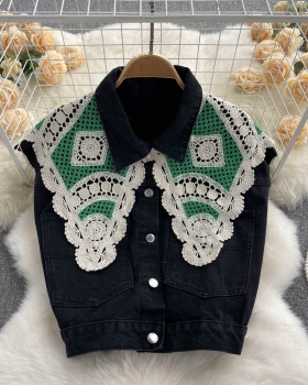 Denim all-match splice coat breathable crochet tops for women