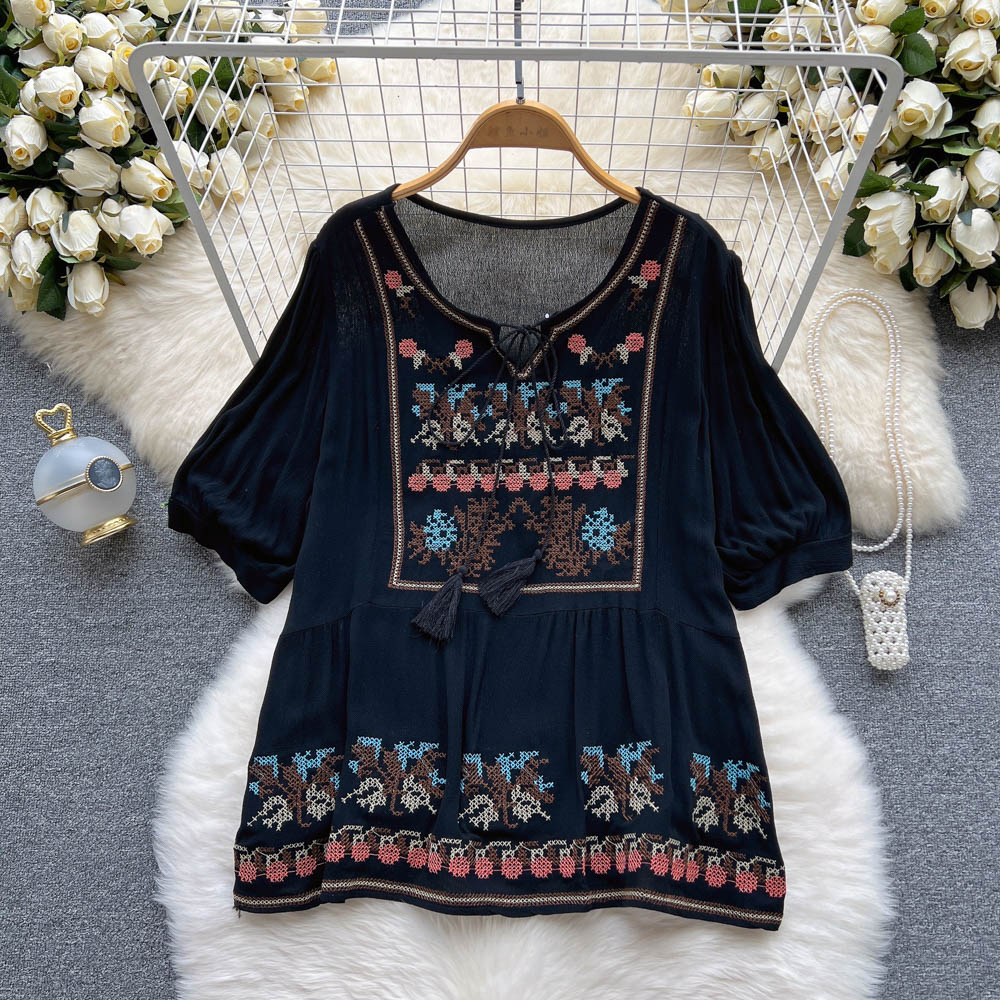 Frenum round neck tops embroidery loose T-shirt