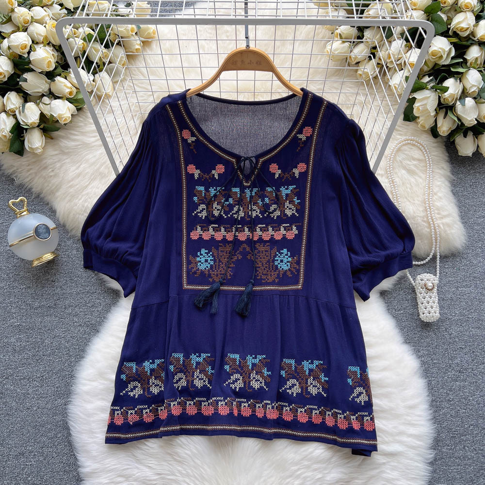 Frenum round neck tops embroidery loose T-shirt