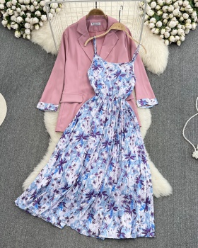 Korean style sling coat long sleeve dress 2pcs set