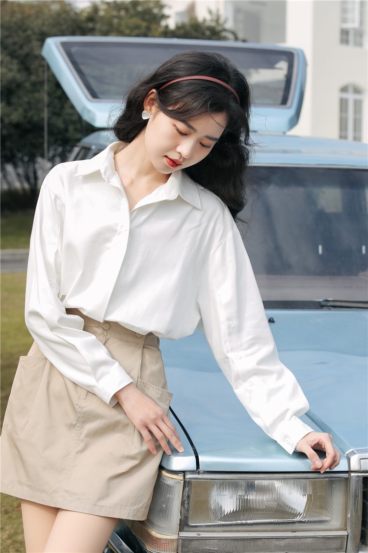 Lapel autumn buckle white long sleeve cuff shirt for women