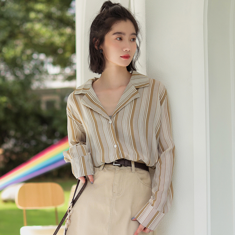 Stripe simple shirt autumn long sleeve coat for women