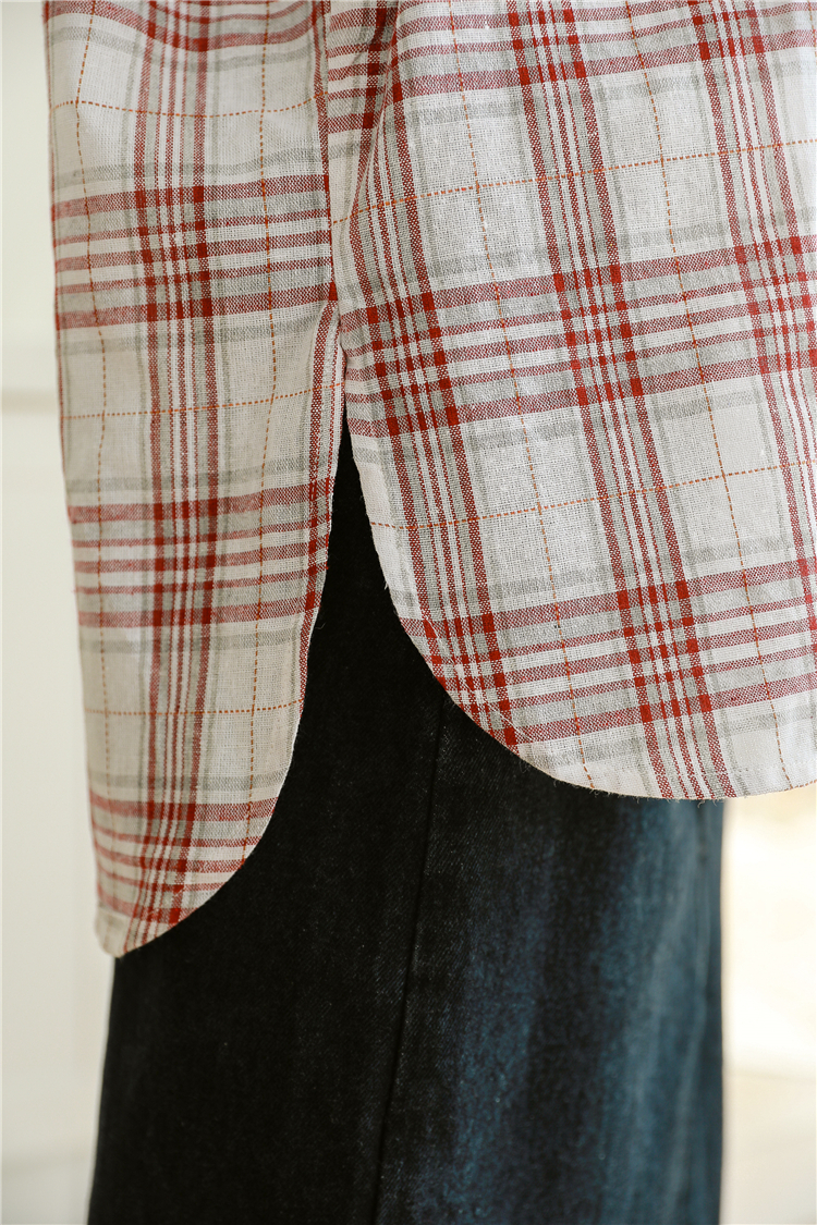 Simple pocket coat cotton linen plaid shirt for women