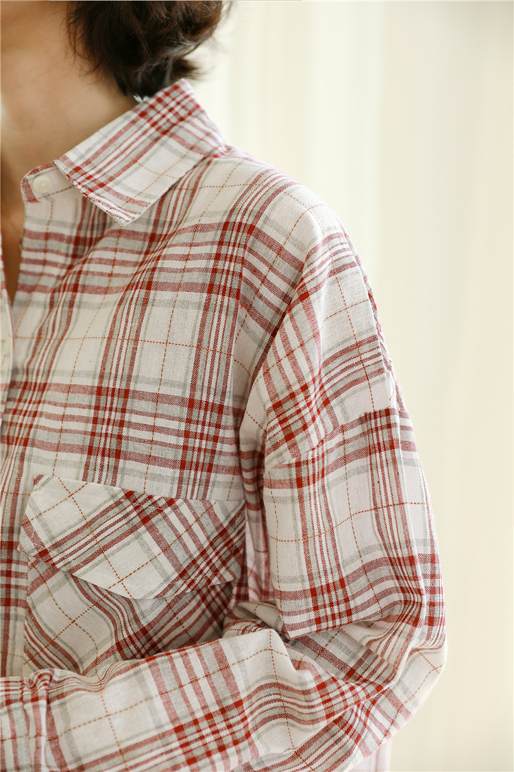 Simple pocket coat cotton linen plaid shirt for women