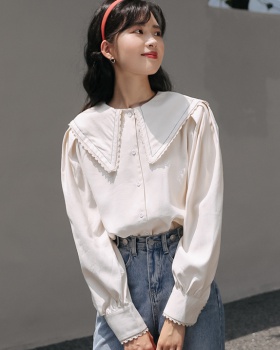 Long sleeve autumn doll collar white embroidery shirt