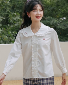Doll collar lovely white autumn embroidery chiffon shirt
