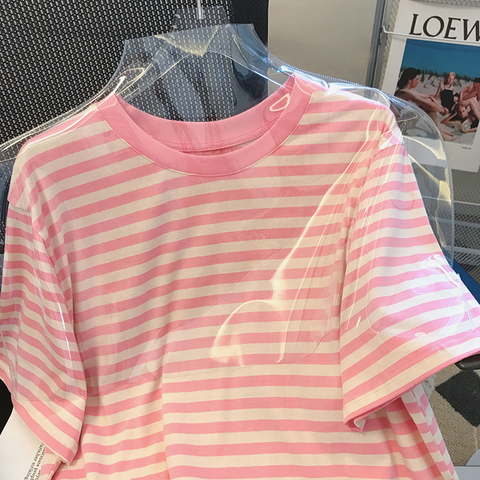 Summer round neck stripe T-shirt pink short sleeve tops