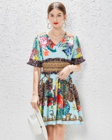 European style printing V-neck short sleeve dress