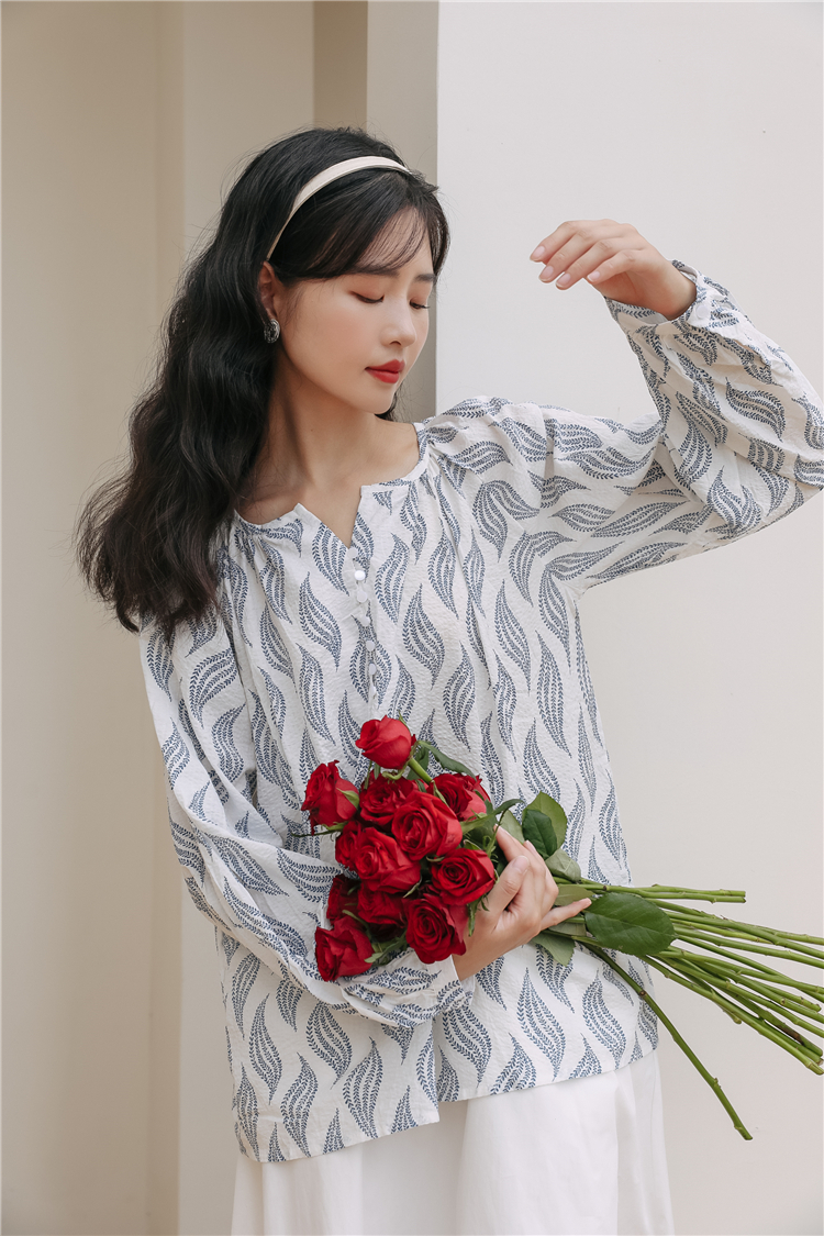 Floral V-neck autumn shirt loose art chiffon tops for women