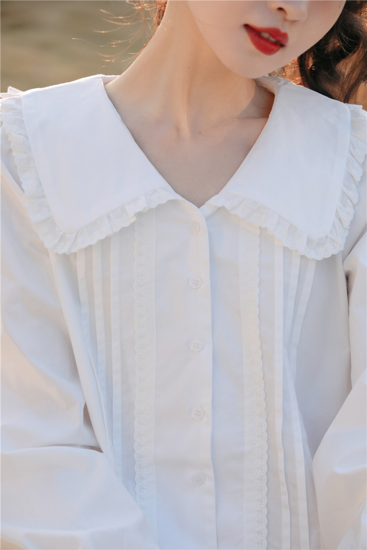 White fold autumn sweet doll collar long sleeve shirt