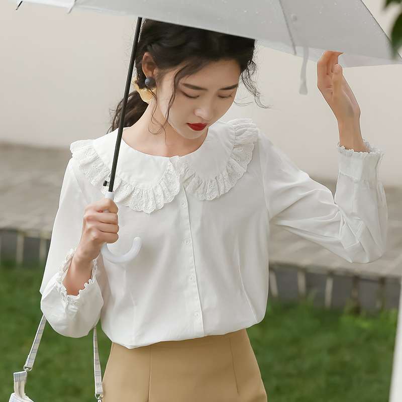 Doll collar student tops white shirt for women