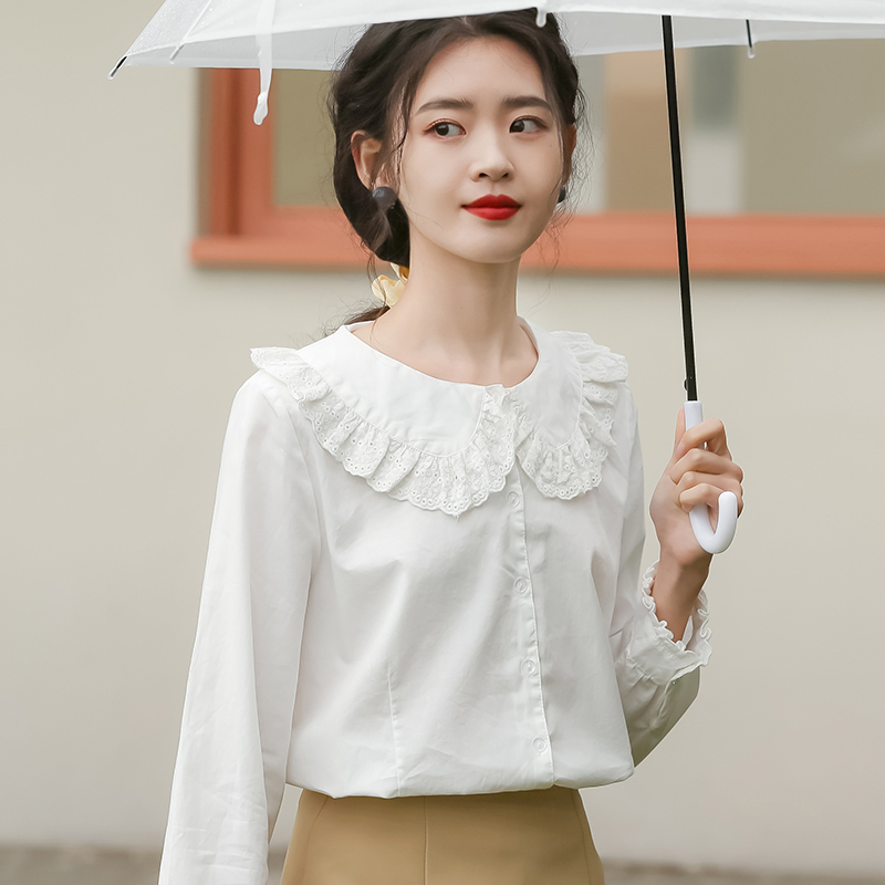 Doll collar student tops white shirt for women