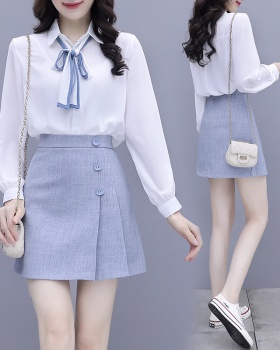 Frenum white long sleeve shirt bow autumn skirt 2pcs set