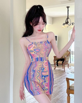 Package hip thin sling printing gauze slim dress for women