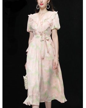 Pinched waist printing dress pink long dress for women