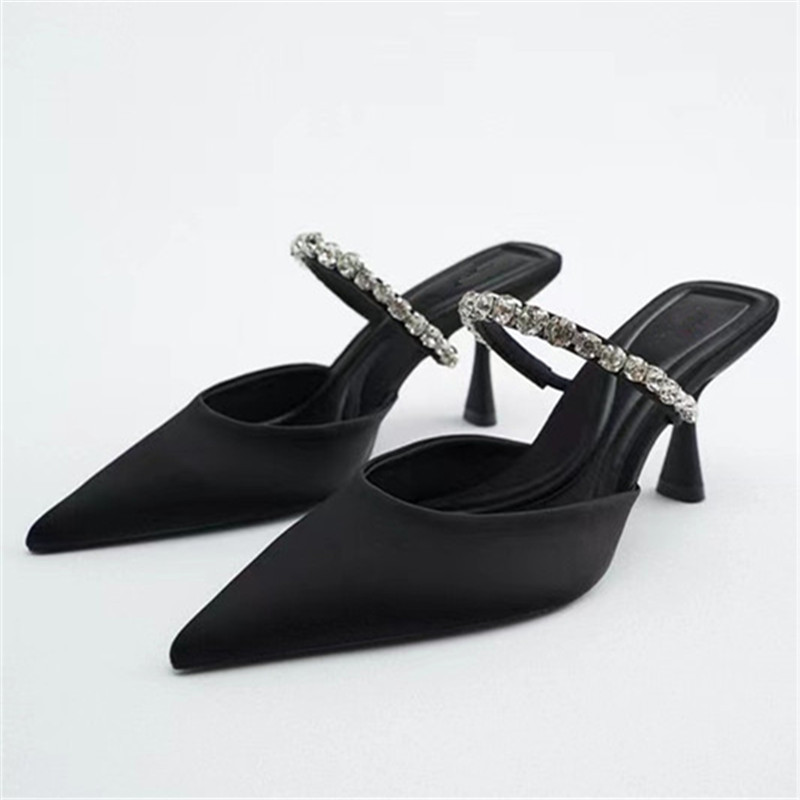 Rhinestone pointed shoes spring satin stilettos for women