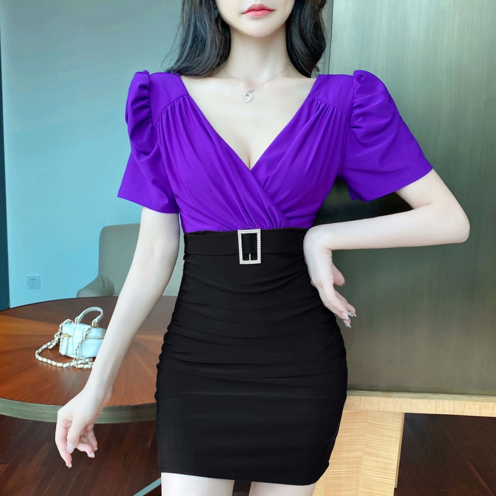 Low-cut V-neck short sleeve mixed colors sexy dress