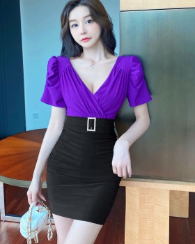 Low-cut V-neck short sleeve mixed colors sexy dress