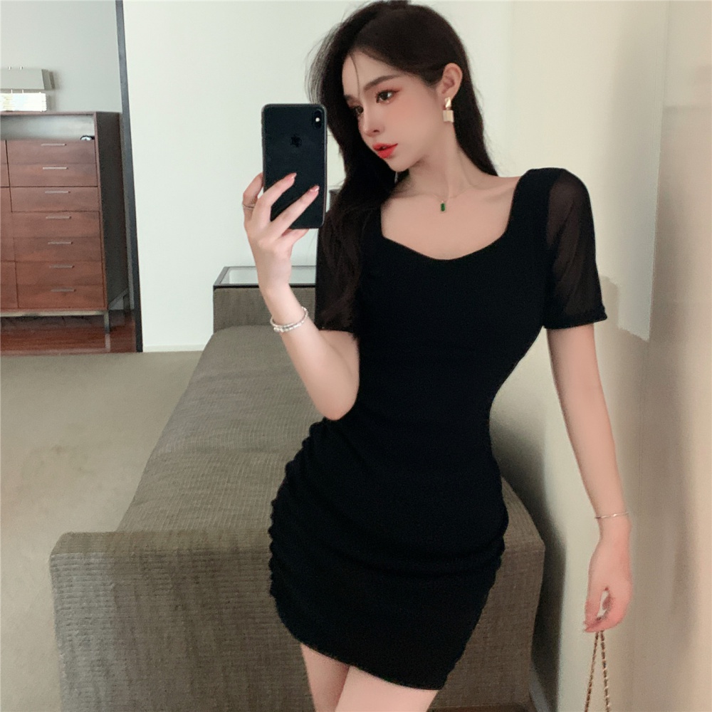 Wrapped chest fold square collar T-back sexy slim dress