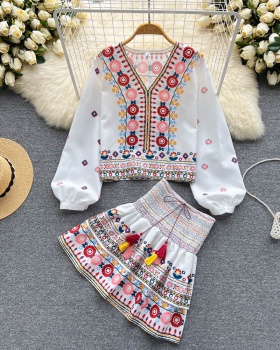 Embroidery long sleeve shirt summer tops 2pcs set for women