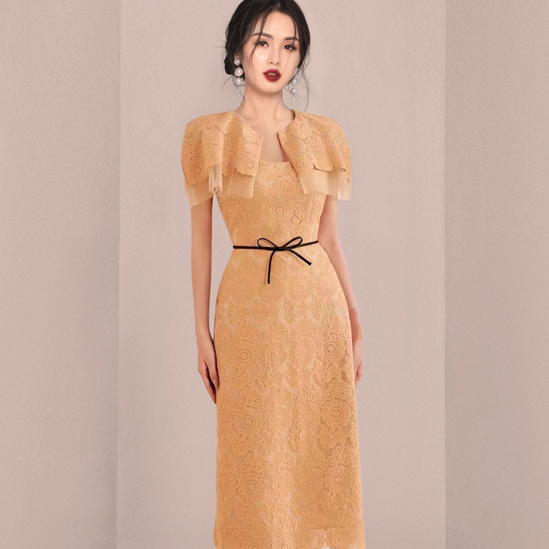 Embroidered slim long dress bow cape collar dress