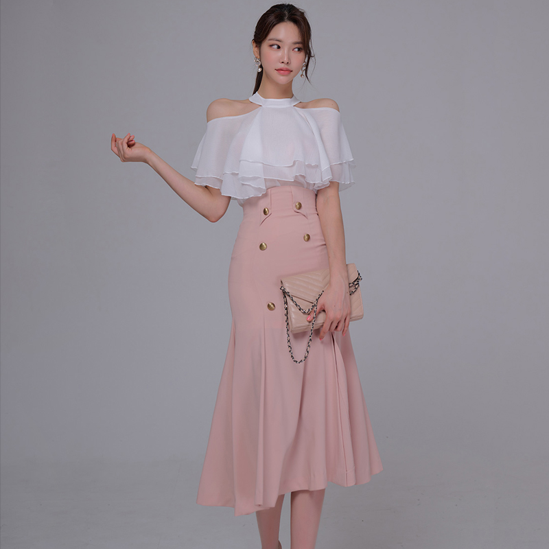 Split pinched waist tops Korean style skirt 2pcs set