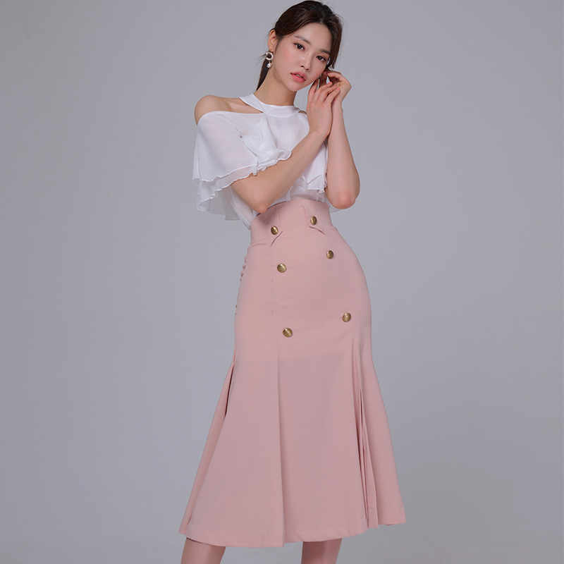 Split pinched waist tops Korean style skirt 2pcs set